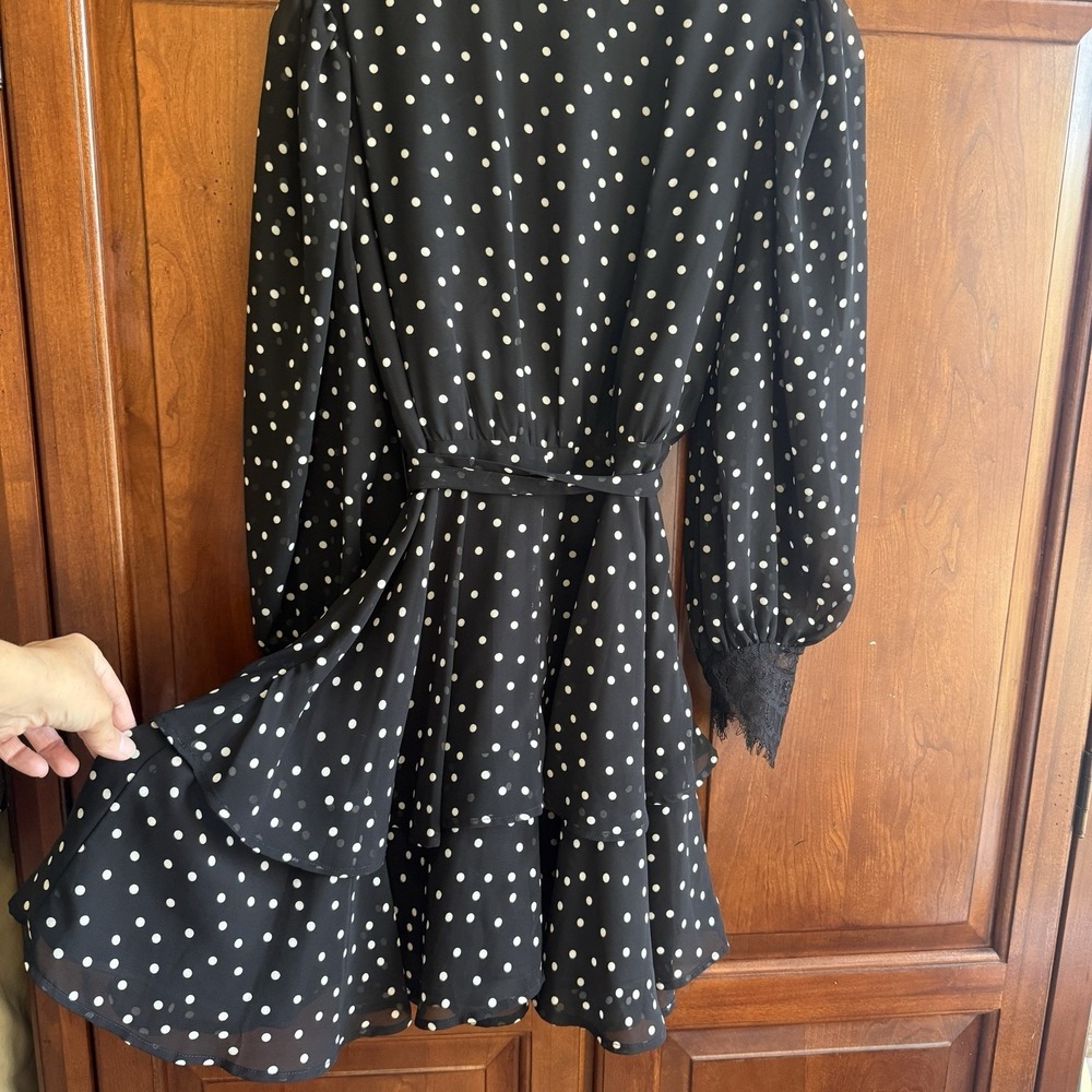 ASOS Black Polka Dot Mini Dress Size 8‎ Ruffle Skirt W/ Lace Trim Balloon Sleeve - Picture 2 of 7